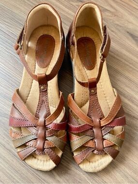 Earth Origins Women's Multi-Strip Leather T-Strap Sandals - Brown & Red Accents